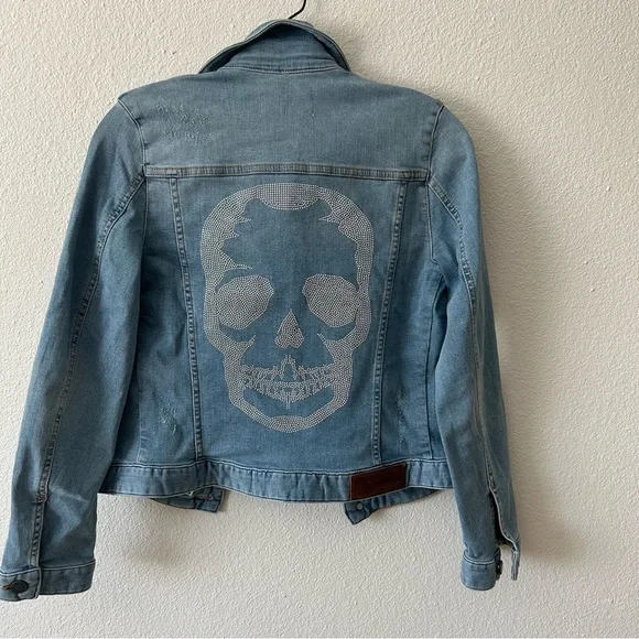 $448 Zadig & Voltaire Kioky Denim Skull Strass Jacket S Small Embellished Jean - Picture 7 of 14